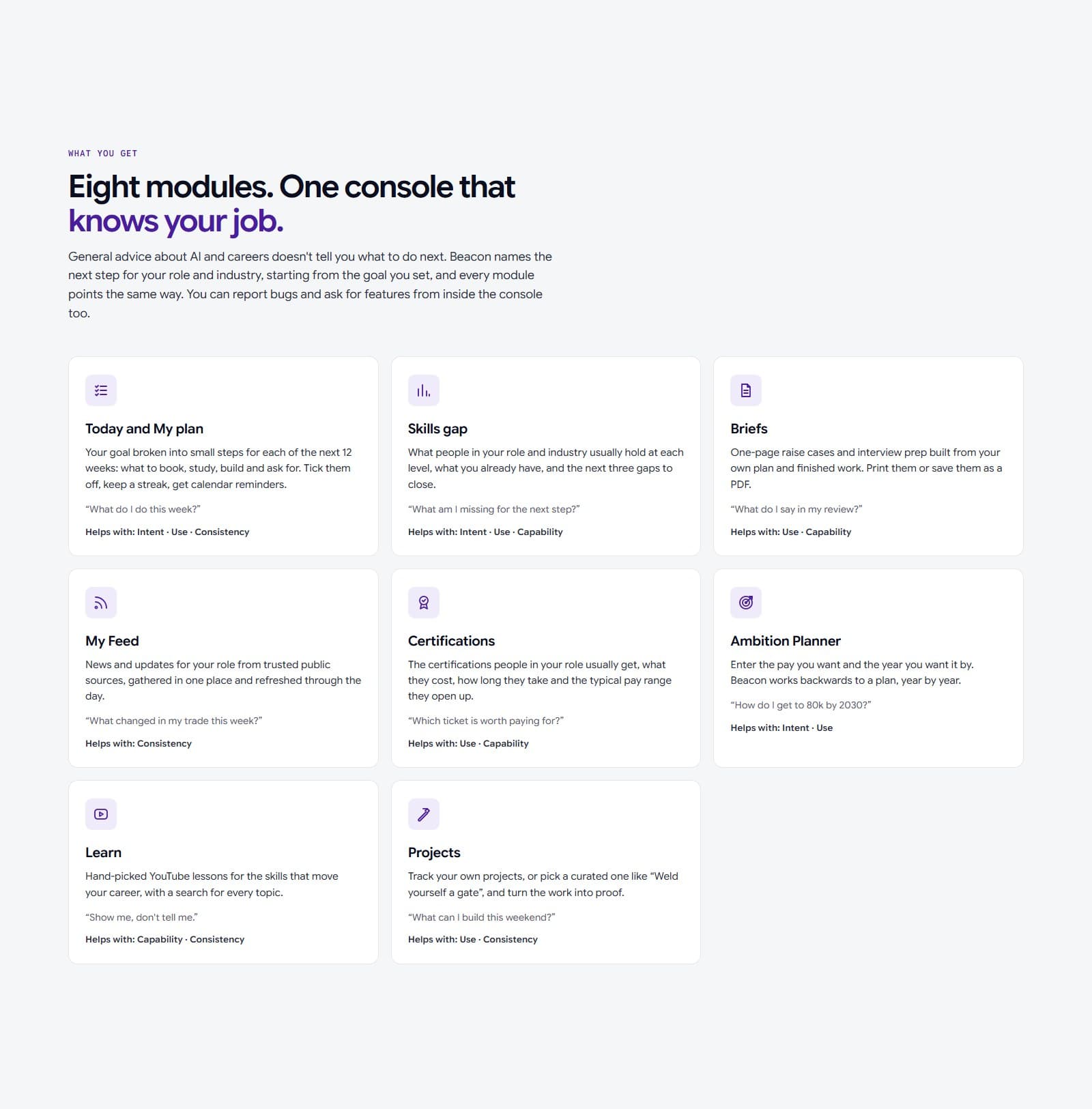 The Beacon modules: Today and My plan, Skills gap, Briefs, My Feed, Certifications, Ambition Planner, Learn and Projects.